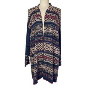 Chaps Open Front Long Cardigan Duster Plus Size 1X Southwest Print Blue Cotton